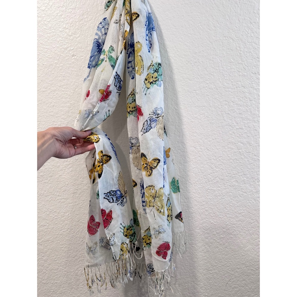 Old Navy Butterfly Print Scarf Shawl White Multi Color‎ Fringe Trim One Size - Picture 5 of 9
